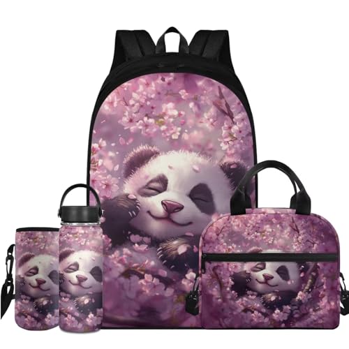 Flashideas Cherry Blossom Panda Backpack for Kids Girls Backpack with Lunch Box Water Bottle 32 oz and Water Bottle Bag 4Pcs Set 17" Elementary Bookbag with Compartments for School Sturdy School Bag - color: Cherry Blossom Panda