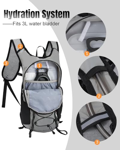 Small Hiking Backpack with 3D Sponge Backpanel for Men Women, 15L Waterproof Lightweight Cycling Backpack with Chest Strap & Helmet Buckle & Hanging Loop for MTB Biking Jogging, Grey - color: Grey