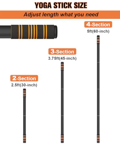5ft Yoga Stick – Heavy-Duty Steel Adjustable Stretching Bar for Mobility, Flexibility & Balance. Multi-Functional Fitness Pole with 4 Steel Rods & Comfort Foam Grips - color: Black