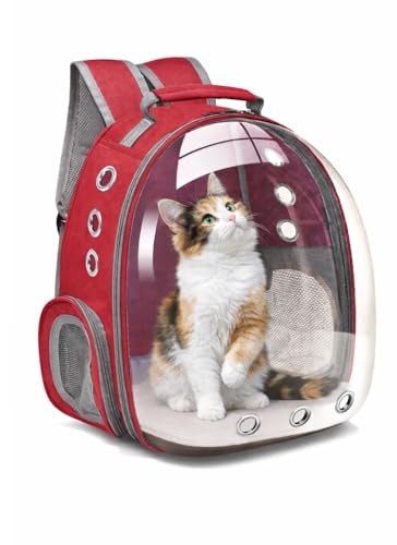 Bubble Backpack Pet Carrier for Cats & Small Dogs up to 17 lbs – Ventilated Clear Capsule Backpack with Mesh Panels, Lightweight Travel Backpack for Walking, Hiking & Airline Carry-On (Red) - color: Red