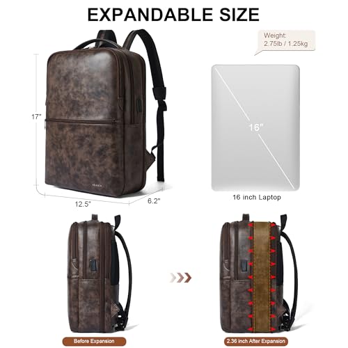 Shrrie Vegan Leather Laptop Backpack for Women&Men,16 Inch Expandable Backpack with USB Charging Port,Two-toned Coffee - color: Two-toned Coffee