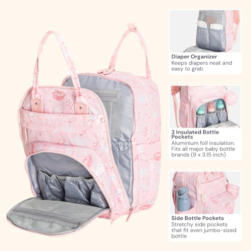 BabbleRoo Diaper Bag Backpack - Baby Essentials Travel Tote - Multi Function Water Resistant Diaper Bag, Travel Essentials Baby Bag with Changing Pad, Stroller Straps & Pacifier Case - Pink Birdy - color: Pink Birdy, size: Large