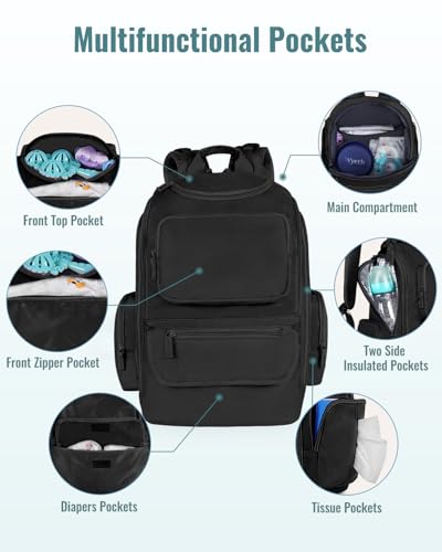 Mancro Diaper Bag Backpack, Extra Large Capacity Baby Diaper Backpack with 2 Insulated Pockets and Stroller Strap, Water Resistant Mens Diaper Bag for Travel，Black - color: Black, size: X-Large