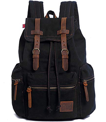 HuaChen Vintage Canvas Travel Backpack with Leather Trim, Laptop Padded Sleeve, Hidden Back Security Pocket, Fits 15-Inch, M32 Black Large - color: Black, size: Large