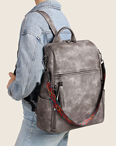 FADEON Leather Laptop Backpack for Women Designer 15.6 inch PU Laptop Bag, Ladies Travel Computer Work Backpack Grey - color: Charcoal Grey Retro Style