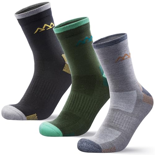 innotree Men's Merino Wool Hiking Socks 3 Pairs, Moisture Wicking Cushioned Breathable Crew Socks for Hiking Walking Trekking - color: Black,gray,green, size: Medium