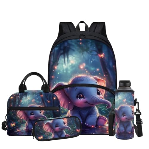 Cute Elephant Backpack for Girls Kids Backpack with Lunch Box Water Bottle Sling Bag and Soft Pencil Case 4Pcs Set 17" Lightweight Bookbag with Large Front Pocket Sturdy Elementary School Bag - color: Cute Elephant
