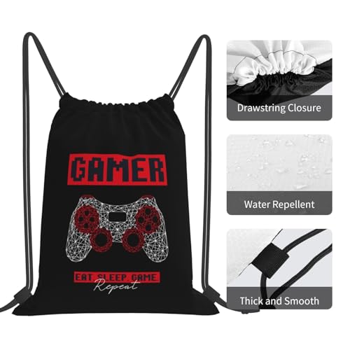 Gamer Eat Sleep Repeat Unisex Drawstring Backpack Bag Sport Gym Travel Swim Sackpack - color: Gamer Eat Sleep Repeat