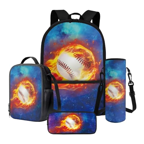 Baseball Flame Starlight Backpacks Schoolbag for Children Reusable Hiking Rucksack Casual Daypack Pencil Bag Lunch Box Bottle Pouch for Daily Use, Set of 4 - color: Baseball Flame Starlight