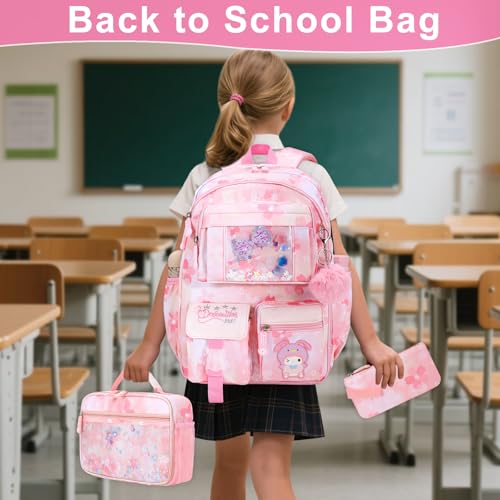 Backpack for Girls 3pcs Set, Kids Backpack for Girls with Lunch Box Pencil Case Set for Teens Elementary Middle School Bags (Pink-3 Pieces Set-1)