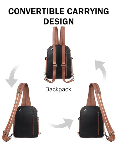 FADEON Large Sling Bag for Women, Designer Leather Crossbody Purse Convertible Sling Backpack, Anti Theft Daypack for Travel - color: Retro Black With Brown