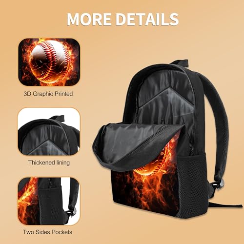 3PCS Boys Backpack, Kids Back To School Backpack with Lunch Box Pencil Case Set, Cool Baseball Backpack for Boys Teens, 17" Schoolbag Bookbag for Elementary Middle High School Students - color: Fire Baseball