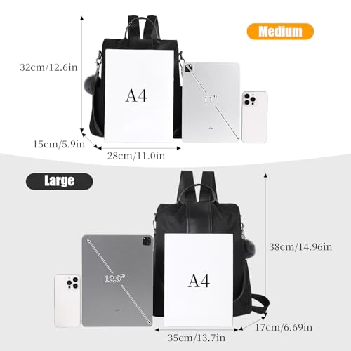 PINCNEL Women Backpack Purse Waterproof Nylon Anti-theft Rucksack Lightweight Shoulder Bag - color: Black, size: Large