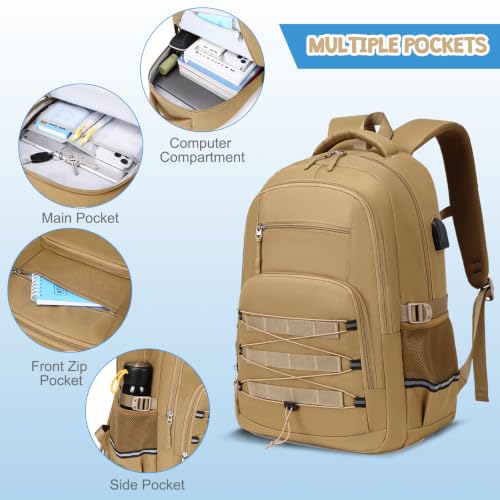 ACESAK Camo Backpack for Boys, Tactical Kids Backpack Boys, School Bags for Boy Children Teens Kids Elementary Middle High School, Military Bookbag and Lunch Bag Pencil Case Set with USB Charging Port - color: Khaki