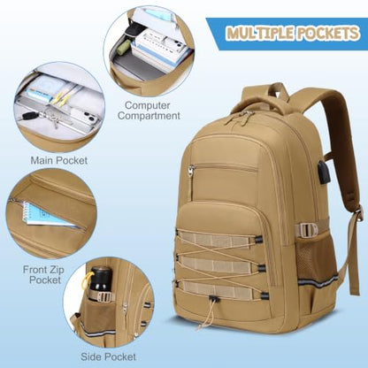 ACESAK Camo Backpack for Boys, Tactical Kids Backpack Boys, School Bags for Boy Children Teens Kids Elementary Middle High School, Military Bookbag and Lunch Bag Pencil Case Set with USB Charging Port - color: Khaki