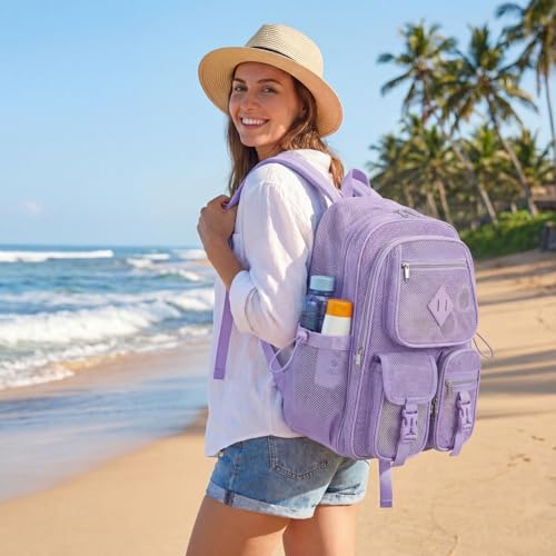 Purple Mesh Backpack for Girls Boys, Mesh Bookbags Heavy Duty Semi-Transparent School Bag for College, Travel, Beach, Swimming, Sports - color: Purple