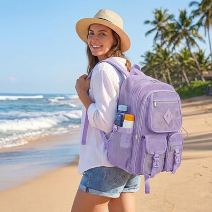 Purple Mesh Backpack for Girls Boys, Mesh Bookbags Heavy Duty Semi-Transparent School Bag for College, Travel, Beach, Swimming, Sports - color: Purple