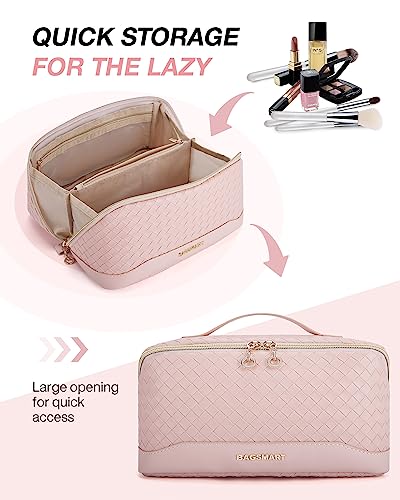 BAGSMART Makeup Bag, Travel Cosmetic Bag Organizer, PU Leather Water-Resistant Pouch, Open Flat Makeup Storage for Toiletries, Brushes, PU Leather Pink - color: 24-A-Pink