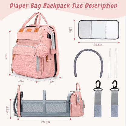 JOYCE Diaper Bag Backpack with Changing Pad, Water-Resistant, Pink | Portable changinag pad, insulated bottle pockets, stroller straps, pacifier case, Multi-Compartment storage - color: Pink