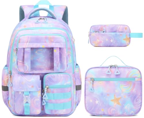 Kids Backpack for Girls - 3PCS School Bag for Elementary Middle School, Cute Lightweight Bookbag with Laptop Compartment & Multiple Pockets, Purple Star - color: Purple Star