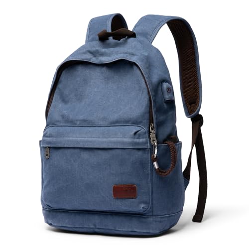 Muzee Canvas Backpack for Women and Men, Lightweight Classic Laptop Backpack with USB Charging Port for College, Travel and Daily Use(Denim blue) - color: Denim Blue