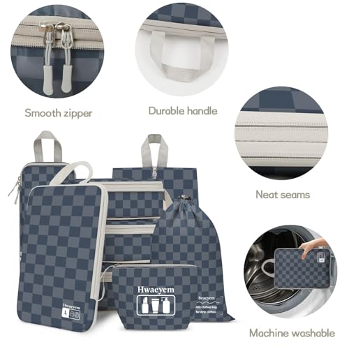 8 Set Compression Packing Cubes for Travel, Lightweight Dual Zipper Packing Cubes, Space-Saving Suitcase Organizer for Travel/Business Trip/Family Vacation (Blue-Gray Checkered) - color: 8 Set Blue-Gray Checkered