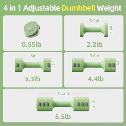 Lightweight Adjustable Dumbbell Kettlebell Set - 4 in 1 Free Weight Set with Kettlebell Grip Converter, Each 2.2 3.3 4.4 5.5lb Quick Change Weight Women Dumbbell Set for Small Spaces Home Gym - color: Adjustable Kettlebell Green