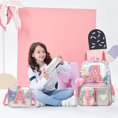Meetbelify Backpack for Girls Letter Backpacks for Elementary Student Teen Girls Cute School Bag Kids Bookbag for Kids 8-10 - color: Initial a Pink