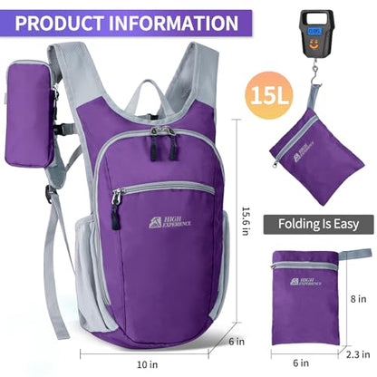 Hiking Backpack 10L/15L Small Daypack Lightweight Packable Travel Foldable Water Resistan for Women Men (Deep Purple, 15L) - color: Deep Purple, size: 15L
