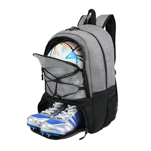 Soccer Backpack with Separate Ball Compartment, Large Capacity Sports Training Bag with Shoes Compartment, Air Vent - color: Grey