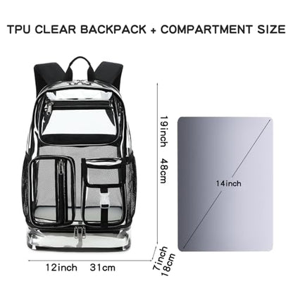 Cusangel Heavy Duty Clear Backpack,16.5 x12 x5inch TPU Large Capacity See Through Backpack for Sport Events,Travel (Upgrad Black-XL) - color: Upgrad Black-xl