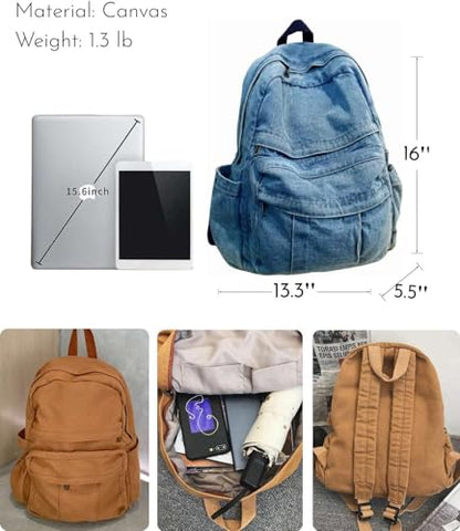 Light Wash Denim Jean Backpack for Women & Men Retro Aesthetic Rucksack Basic Backpack for High School/College Students Travel Laptop Bag - color: Light Denim