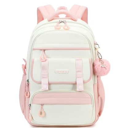 School Backpack for Girls, Laptop Backpack 15.6 Inch Kids Elementary Middle High School Bag Anti Theft Cute College Bookbags for Teens Girls Women Students Casual Travel Daypack,Pink Beige - color: Pink Beige