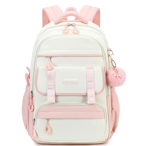 School Backpack for Girls, Laptop Backpack 15.6 Inch Kids Elementary Middle High School Bag Anti Theft Cute College Bookbags for Teens Girls Women Students Casual Travel Daypack,Pink Beige - color: Pink Beige