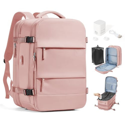 Travel Backpack with Compression Vacuum Storage Bag & Electric Pump, Expandable Flight Approved Carry On Backpack, 18x14x8 inches Personal Item Travel Bag for Men Women, Pink - color: Pink