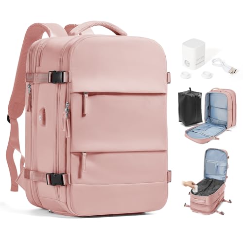 Travel Backpack with Compression Vacuum Storage Bag & Electric Pump, Expandable Flight Approved Carry On Backpack, 18x14x8 inches Personal Item Travel Bag for Men Women, Pink - color: Pink