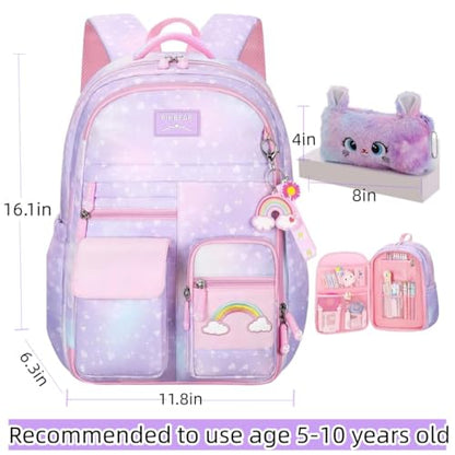 Kids Backpack for Girls Girls Backpack Rainbow School Bag for Elementary Primary School With Pen Bag -16inch Purple - color: Purple