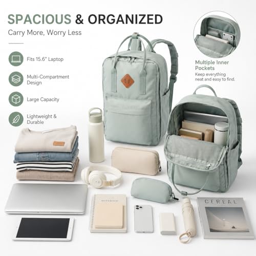 Travel Backpack for Women & Men, Laptop Backpack Fits 15.6 Inch Laptop, Water-Resistant Durable Computer Bag for Work, College & Daily Commute (Light Green) - color: Light Green
