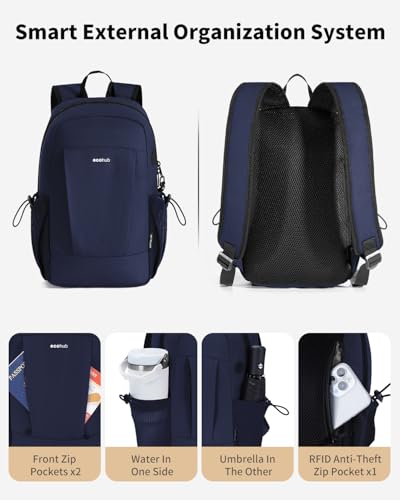 ECOHUB Mini Anti-Theft RFID Backpack for Women and Men, Water-Resistant, Lightweight Travel Daypack with iPad Sleeve, Key Holder, 9 Pockets, Stylish Comfortable, Blue - color: Blue