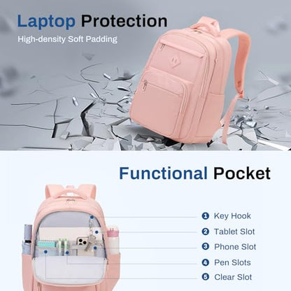 Sisipoet School Backpack for Girls, Lightweight Kids Bookbag Classic College Backpack for Teen Women with Luggage Strap, Age 8-18 Years Old, Pink - color: Pink