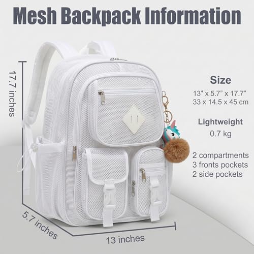 Mesh Backpack for Girls Boys, Heavy Duty Semi-Transparent Mesh Bookbag Womens Mens Mesh Backpacks for School, Sports, Beach, Swimming, Travel - White - color: White