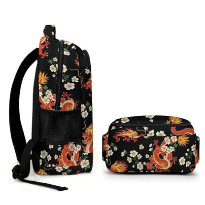 Casual Lightweight Laptop Backpack Red Chinese Japanese Dragon Flower Black, Cute Travel Daypack with Tumbler Holder for College Nurse Teacher Work Commute - color: Pattern (356)