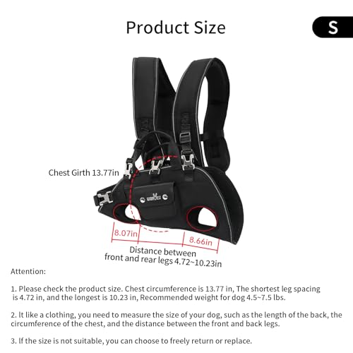 Wakytu Dog Backpack Carrier for Dogs,Dog Lift Harness,Adjustable Padded Breathable Straps for Dogs, Disabled, Joint Injuries, Arthritis,S - size: S（4.5-7.5lbs）