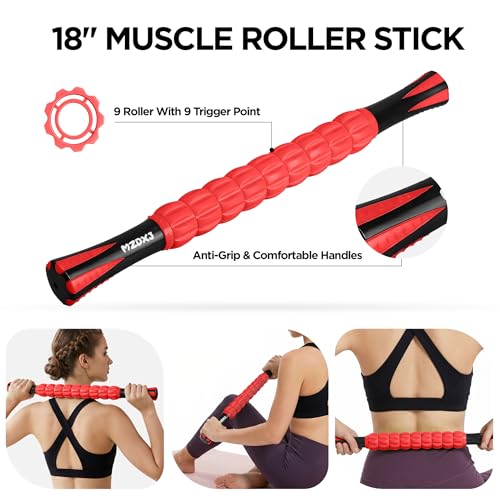 Muscle Roller & Massage Roller Stick for Athletes - Lymphatic Drainage Support, Relieves Muscle Soreness, Cramping & Tightness - Targets Legs, Arms, Back & Calves （Red - 18inch） - color: Red