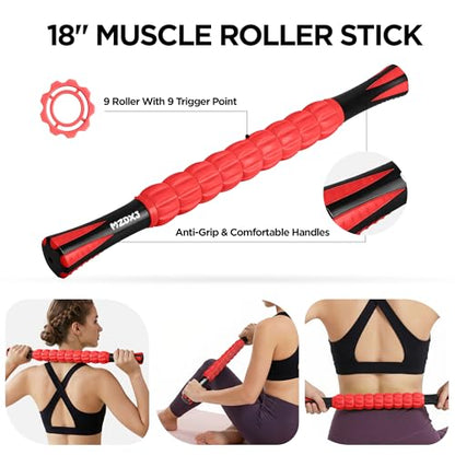 Muscle Roller & Massage Roller Stick for Athletes - Lymphatic Drainage Support, Relieves Muscle Soreness, Cramping & Tightness - Targets Legs, Arms, Back & Calves （Red - 18inch） - color: Red