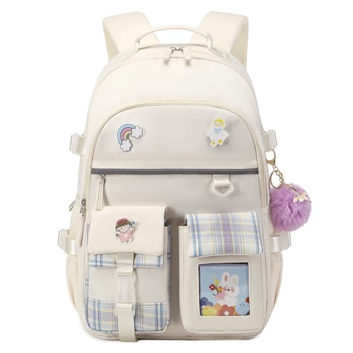 Backpack for Girls, 15.6 Inch Laptop School Bag Kids Kindergarten Elementary College Backpacks Large Bookbags for Teen Girl Women Students Casual Travel Daypacks (Beige) - color: Beige