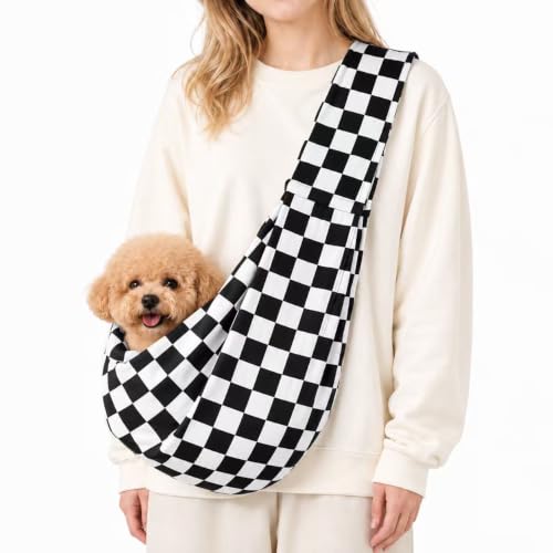 Dog Sling Carrier for Small Dogs and Cats 5–16 lbs, Puppy Carrier Sling with Safety Hook and Storage Pocket, Hands Free Pet Carrier Purse for Travel, Walking, Shopping (Ebony Check) - color: Ebony Check