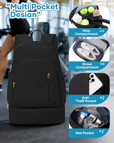 Gym Backpack for Women Men,Waterproof Gym Backpack with Shoe Compartment,Lightweight Sports Gym Bag Casual Daypack,Black - color: A-black