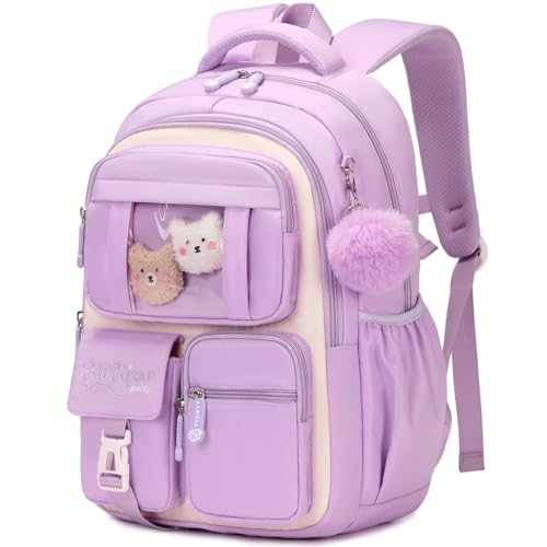 PIG PIG GIRL Kids Backpack for Girls School Bags for Middle School Students Book Bag for Elementary Primary Kawaii Ita Backpack, Purple and Beige - color: Purple and Beige