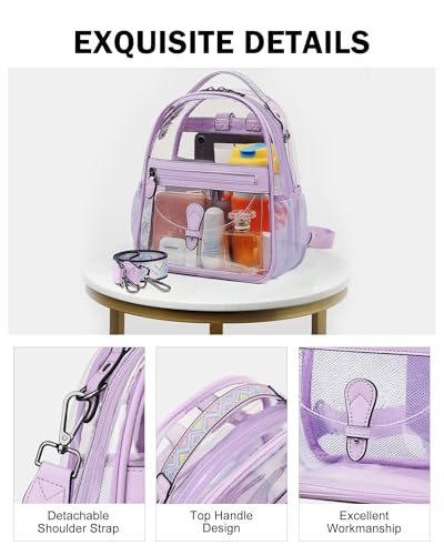 FADEON Clear Small Backpack Purse for Women, Designer Transparent Shoulder Handbag, PVC Mini Clear Bag for Stadium Approved - color: Purple Retro Style